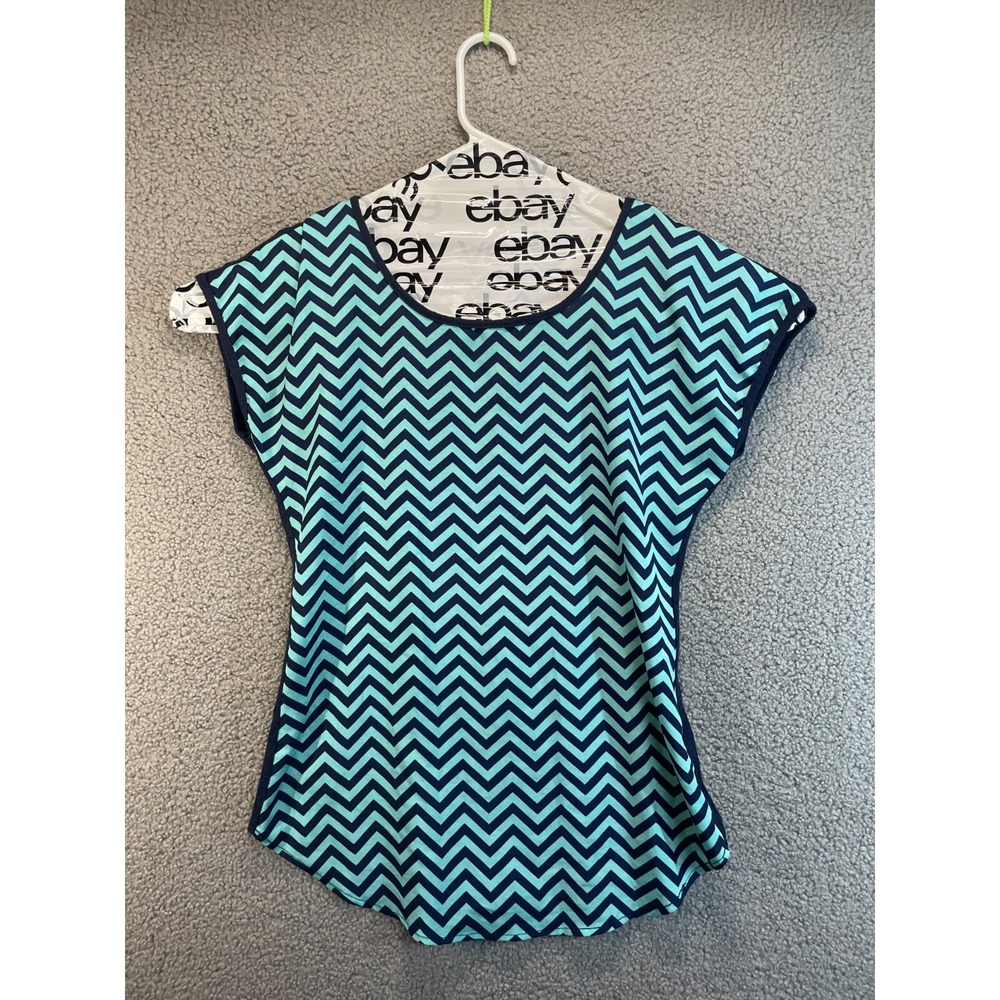 Vintage 90s Espresso Chevron Mixed Textile Top Womens S Blue and Teal Cap Sleeve